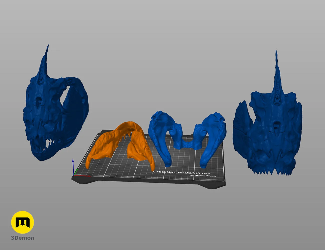 Slicer screenshot of Piranha Skull (Pygocentrus Nattereri) STL parts on print bed, ready to print