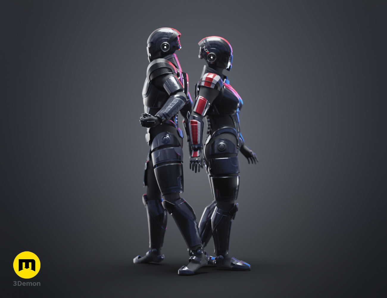 Profile painted 3D render of the male and female N7 armor models from Mass Effect standing back to back, 3D print STL