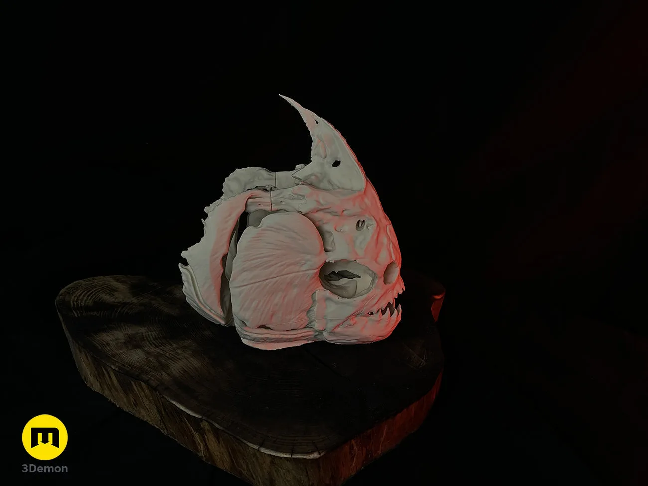 Raw FDM print of Piranha Skull (Pygocentrus Nattereri) on 3D printer bed, freshly printed