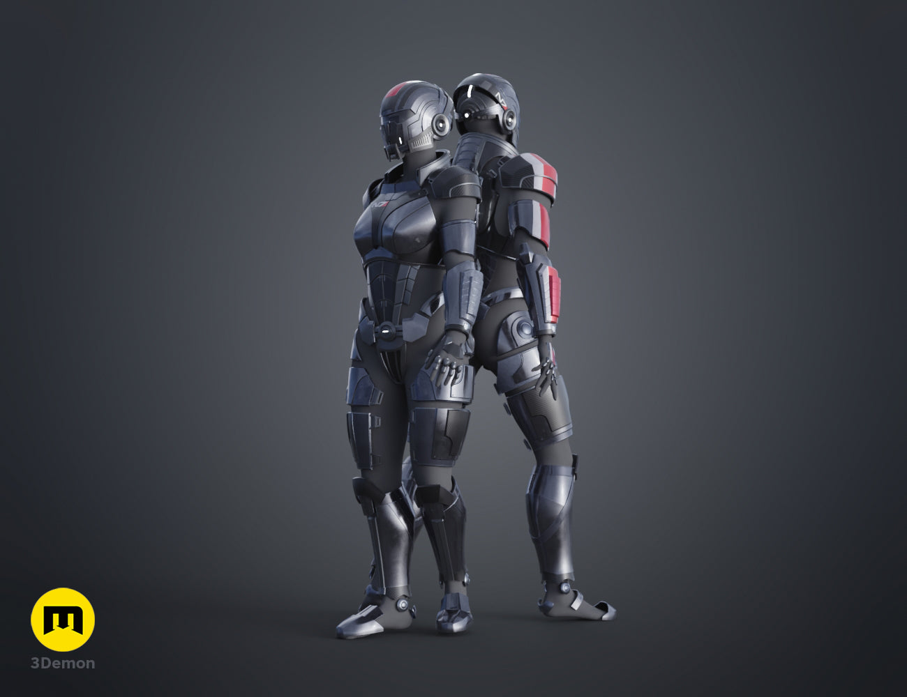 Side view painted 3D render of both male and female N7 armor sets from Mass Effect standing back to back, 3D print STL
