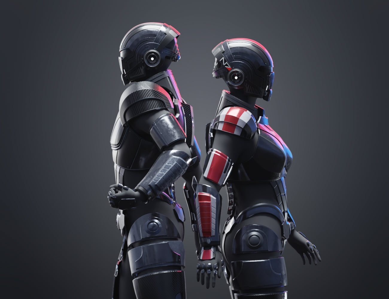Side view painted 3D render of male and female Commander Shepard N7 armor back to back, 3D print STL