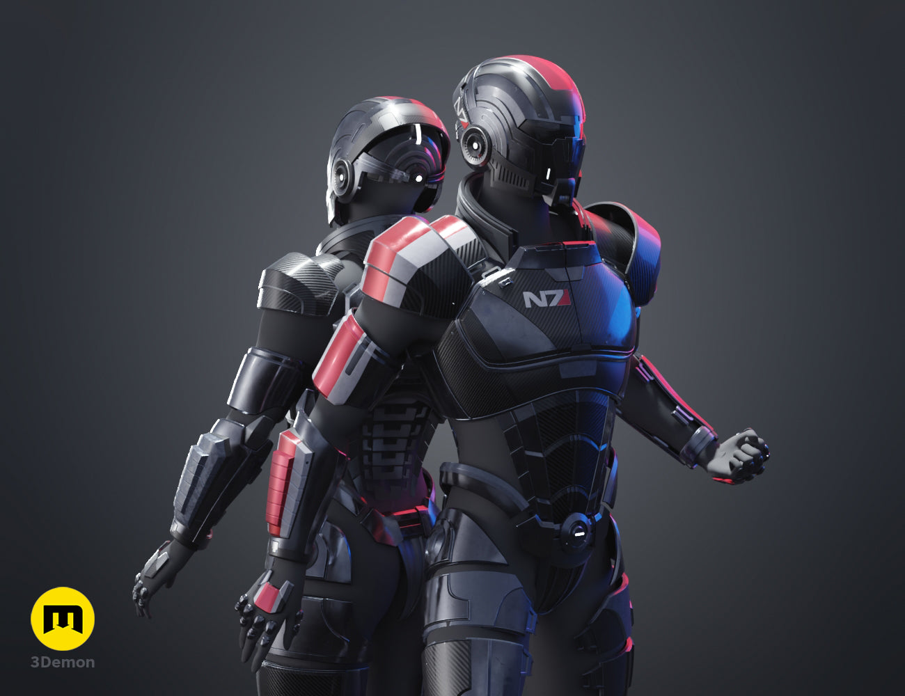 Three-quarter view painted 3D render of male and female N7 armor models standing back to back, 3D print STL