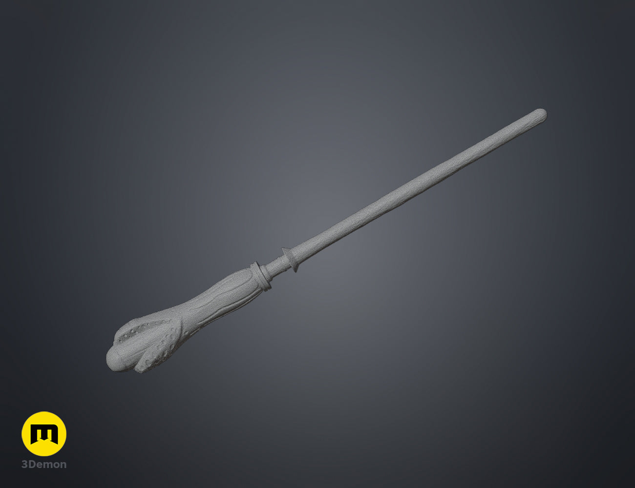 Angled clay render of Bartemius Crouch Sr wand STL showing 3D print geometry and handle sculpt