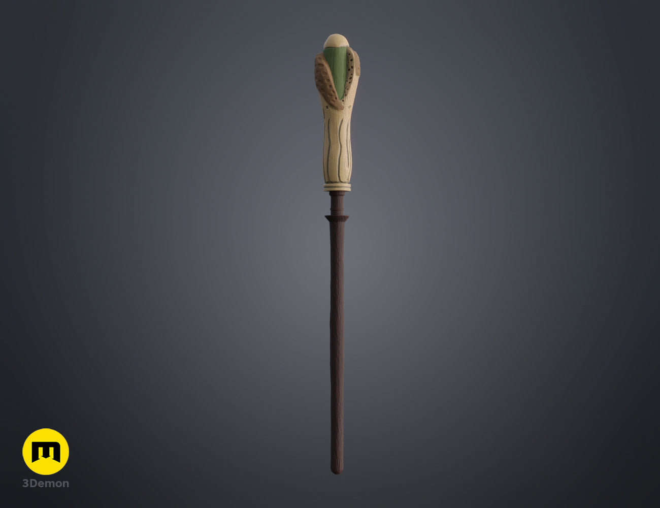 Close-up painted 3D render of Bartemius Crouch Sr wand handle with green and tan texture STL