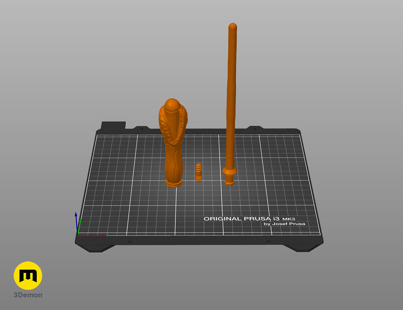 Slicer screenshot of Bartemius Crouch Sr wand STL parts on 3D printer build plate