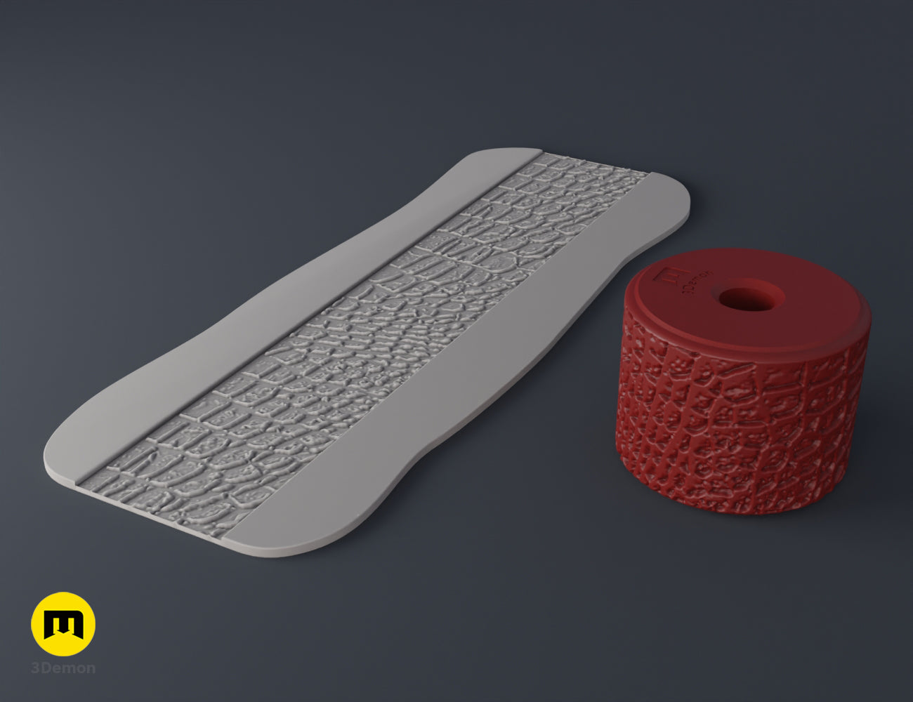 3D print leather texture roller STL render with cracked scale pattern and imprinted foam surface