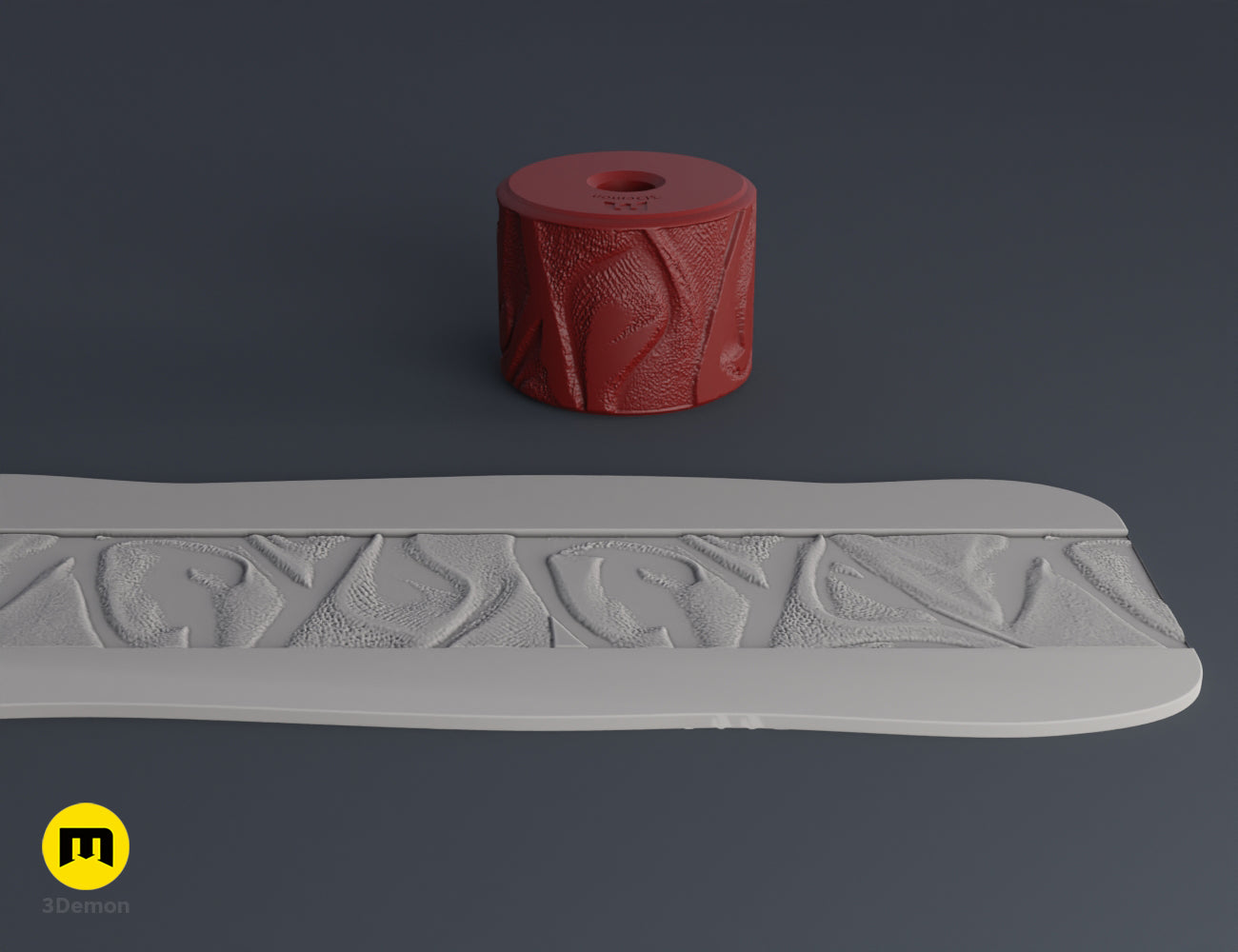 3D print leather texture roller STL render with a weave pattern and its foam strip texture imprint