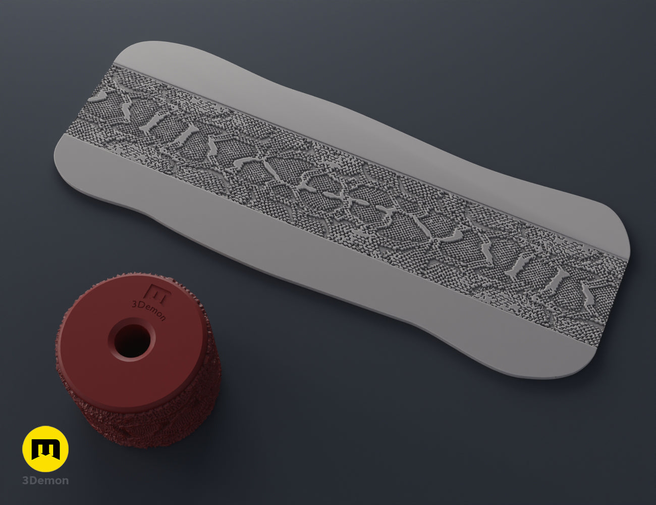 3D print leather texture roller STL render with pebbled grain pattern and gray foam strip result