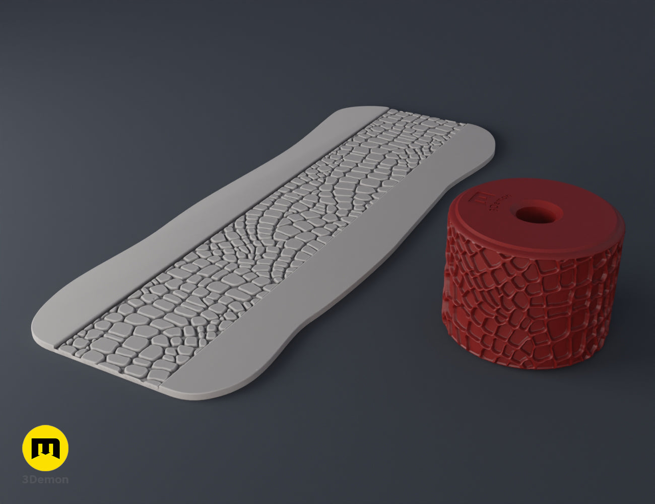 3D print leather texture roller STL render with fine grain pattern and gray foam texture strip