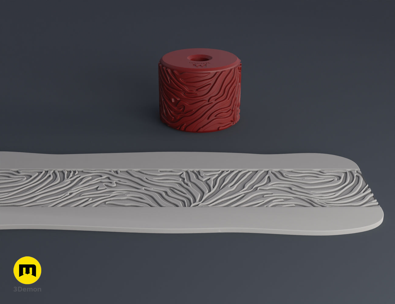 3D print leather texture roller STL render showing braided weave pattern and foam strip imprint