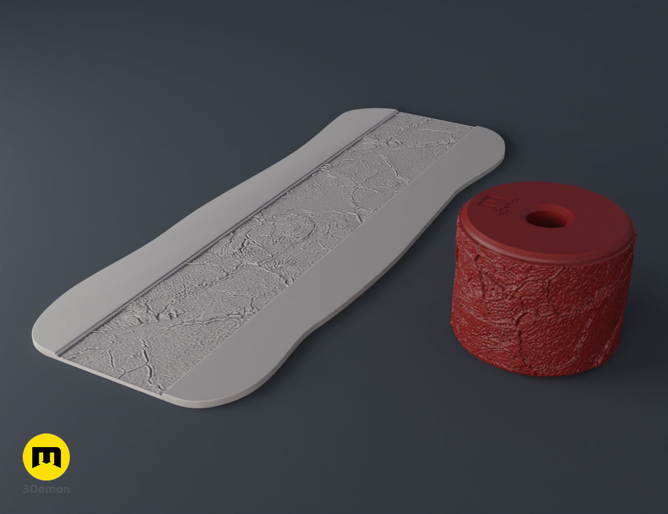 3D print leather texture roller STL render with cracked leather pattern and resulting strip texture