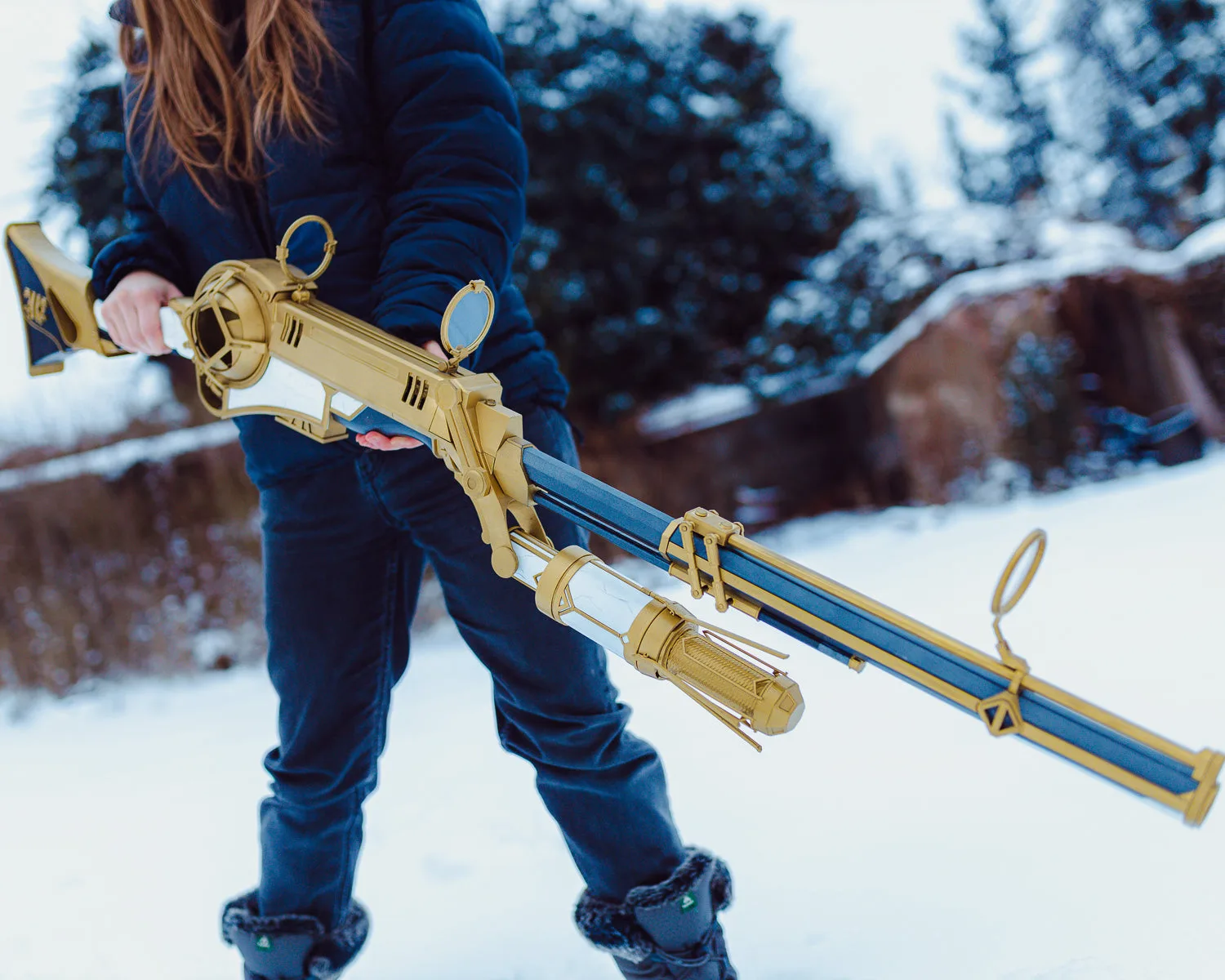 3D printed hextech rifle prop in blue and gold steampunk Arcane style cosplay STL model