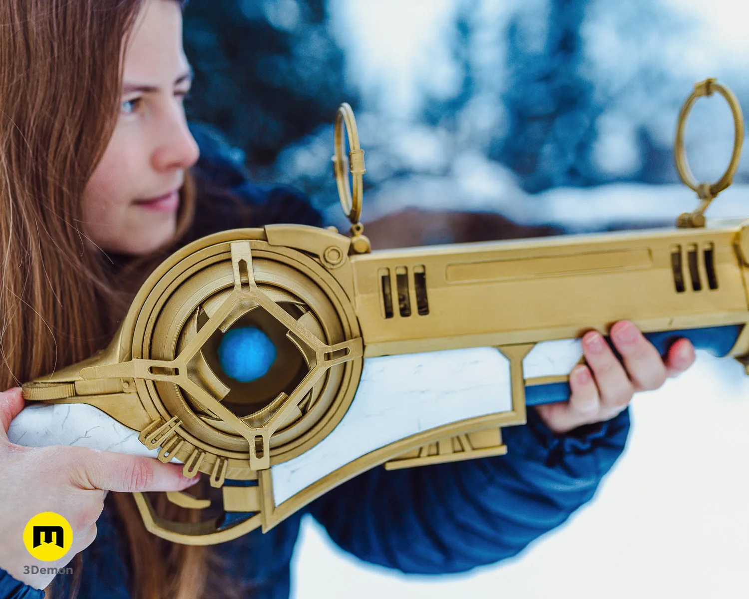 Assembled and painted 3D printed hextech rifle prop with gold and blue finish cosplay STL