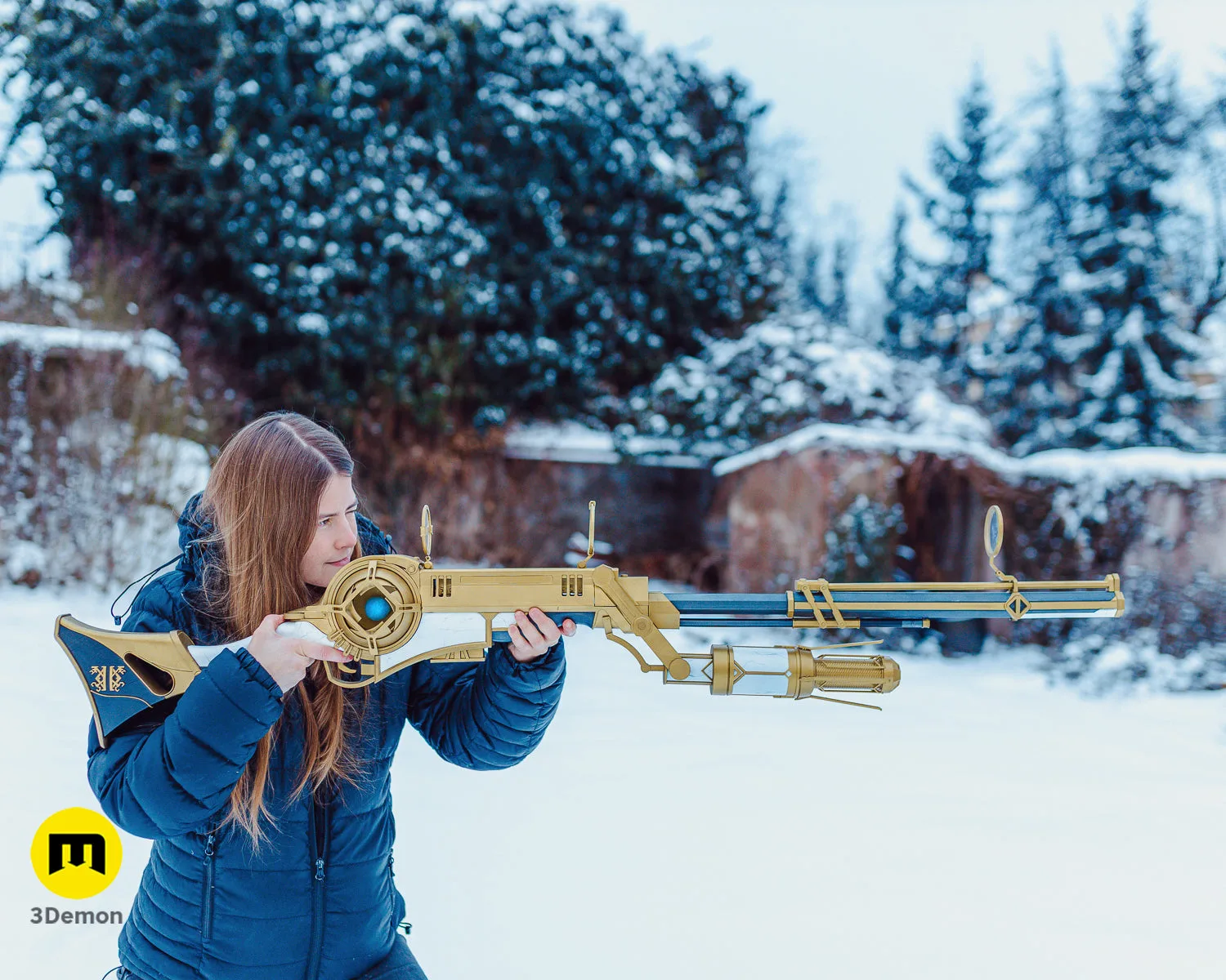Close-up of 3D printed hextech rifle chamber with glowing blue crystal core STL model