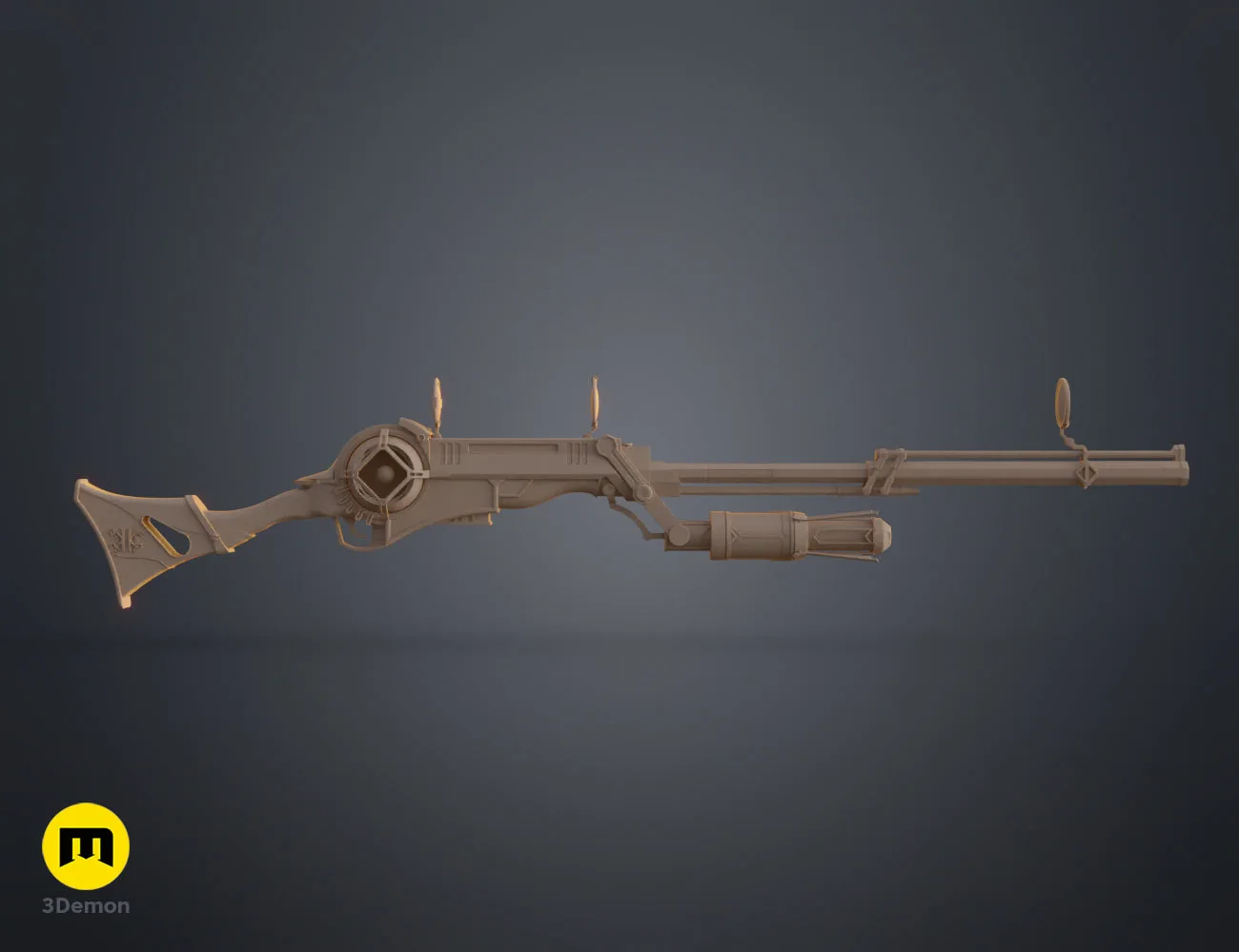 Front-angled clay render of Arcane-style hextech rifle 3D print prop steampunk STL model