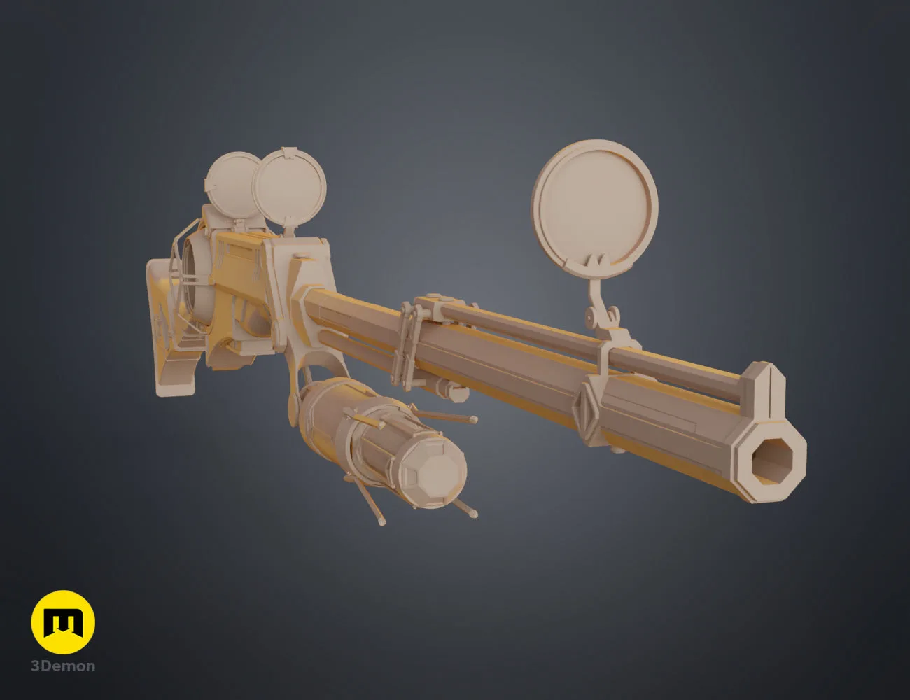 Angled grey clay 3D print render of Arcane hextech rifle steampunk cosplay STL model
