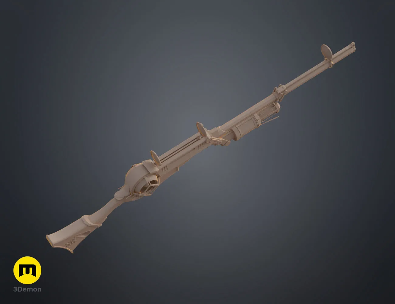 Side view grey clay 3D print render of Arcane hextech rifle full length cosplay STL model