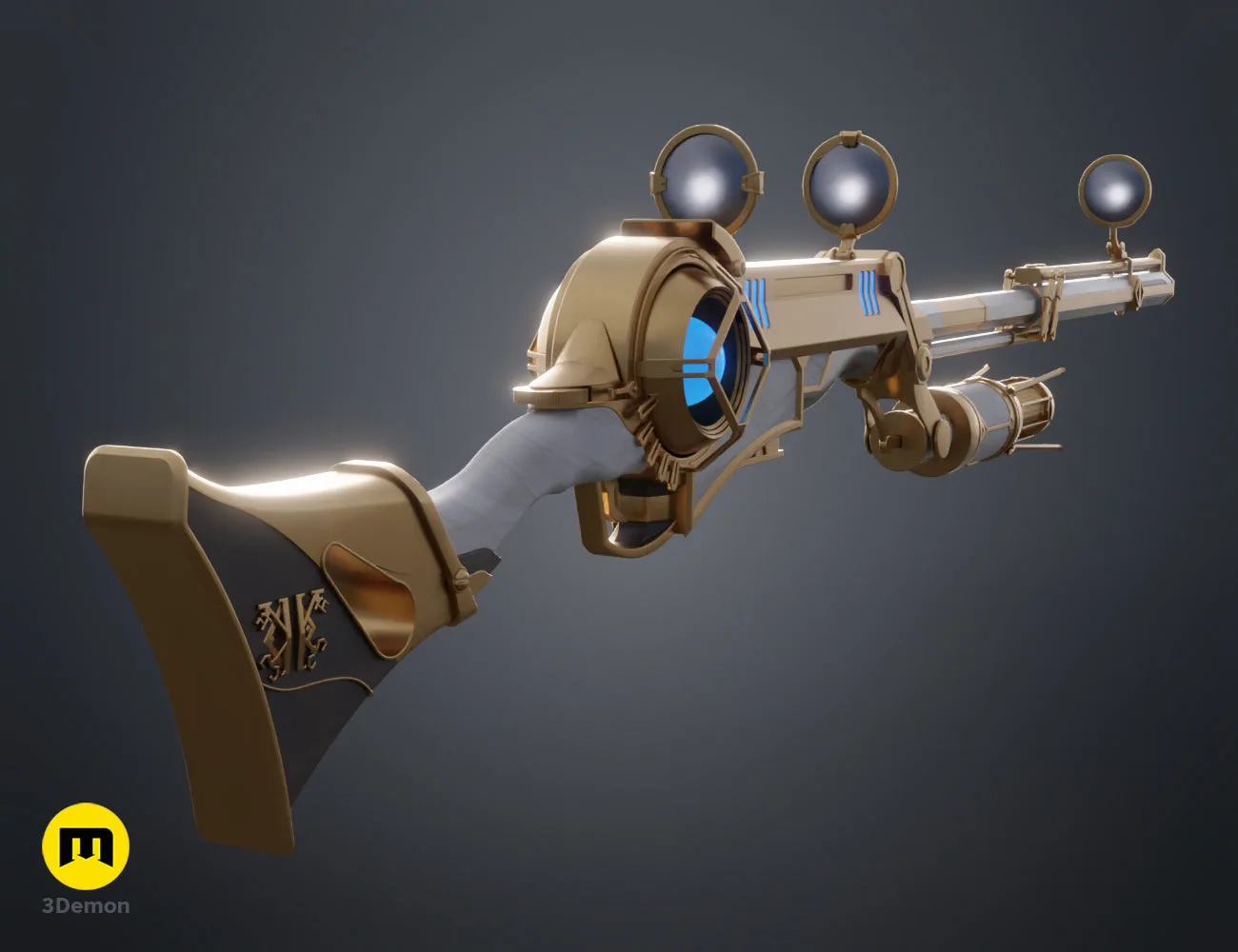 Hextech rifle 3D print color render in gold and white with glowing blue hextech core STL