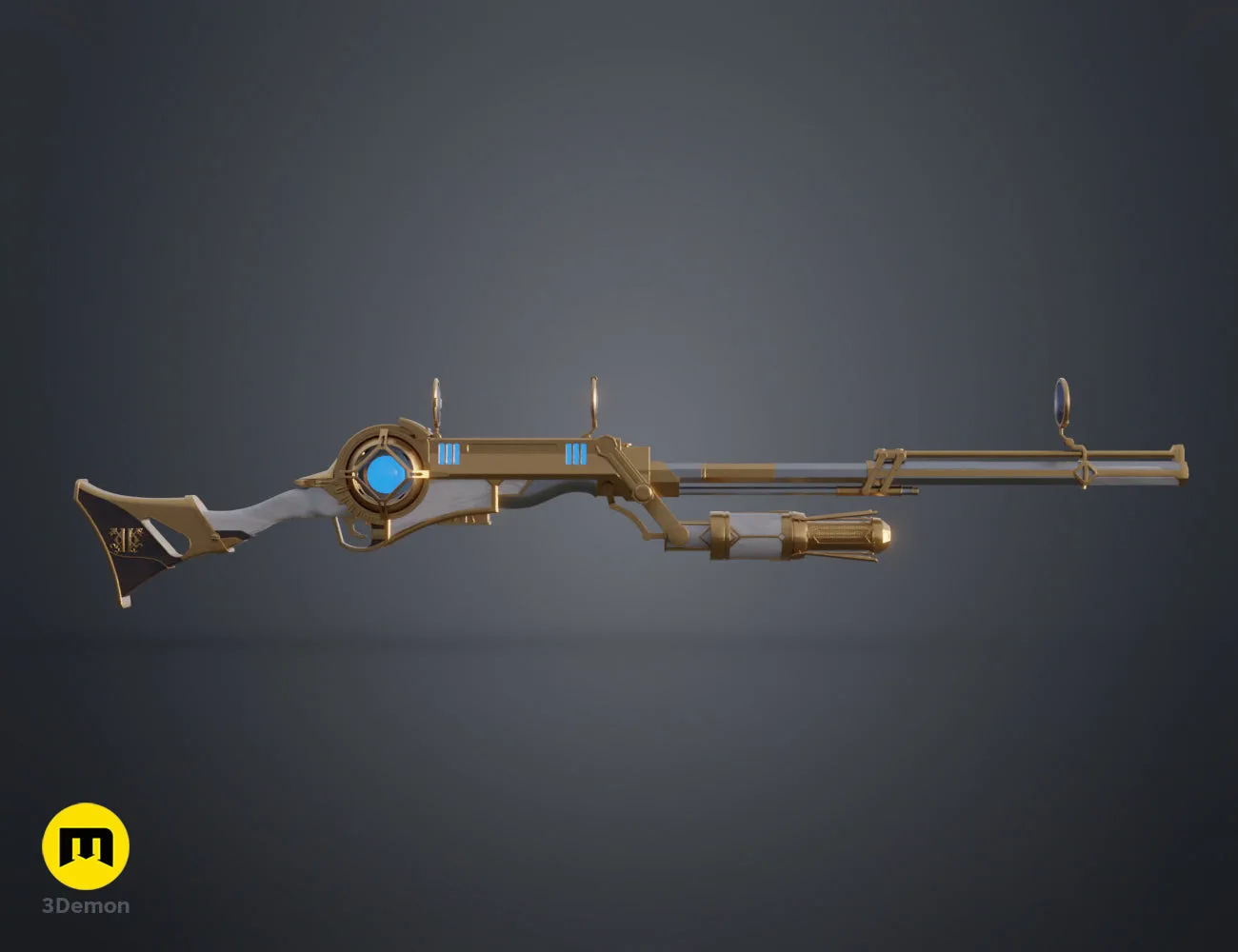 Arcane-style hextech rifle 3D print color render with blue and gold accents steampunk STL