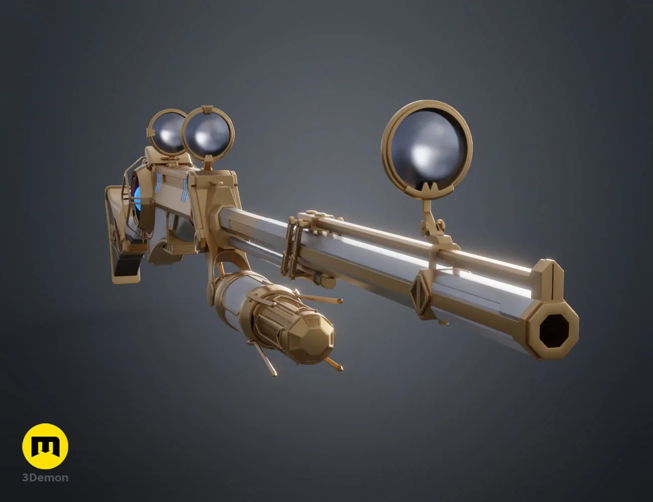 Hextech rifle 3D print color render in purple and gold Arcane steampunk style STL prop