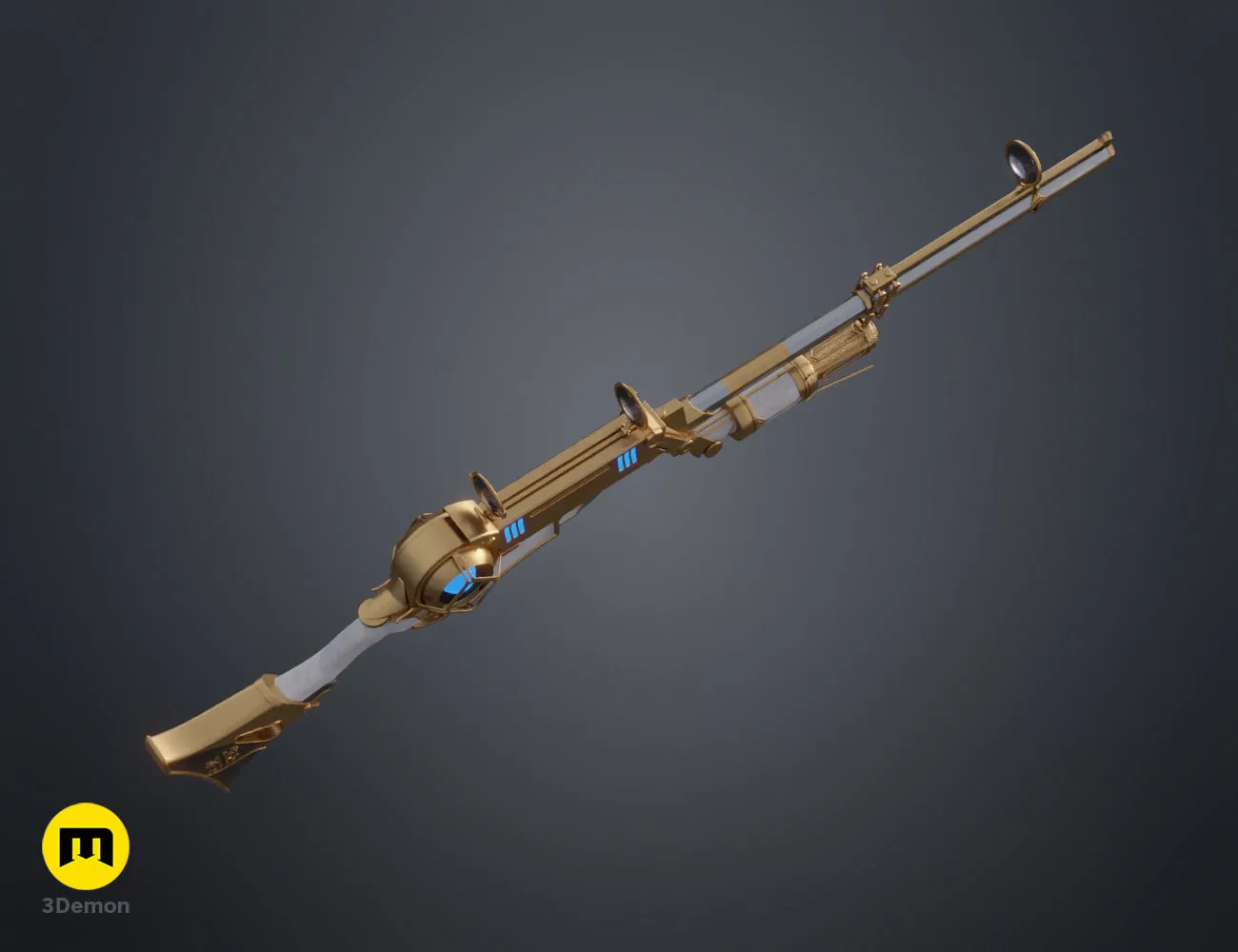 Hextech rifle 3D print color render in white and gold color scheme Arcane steampunk STL
