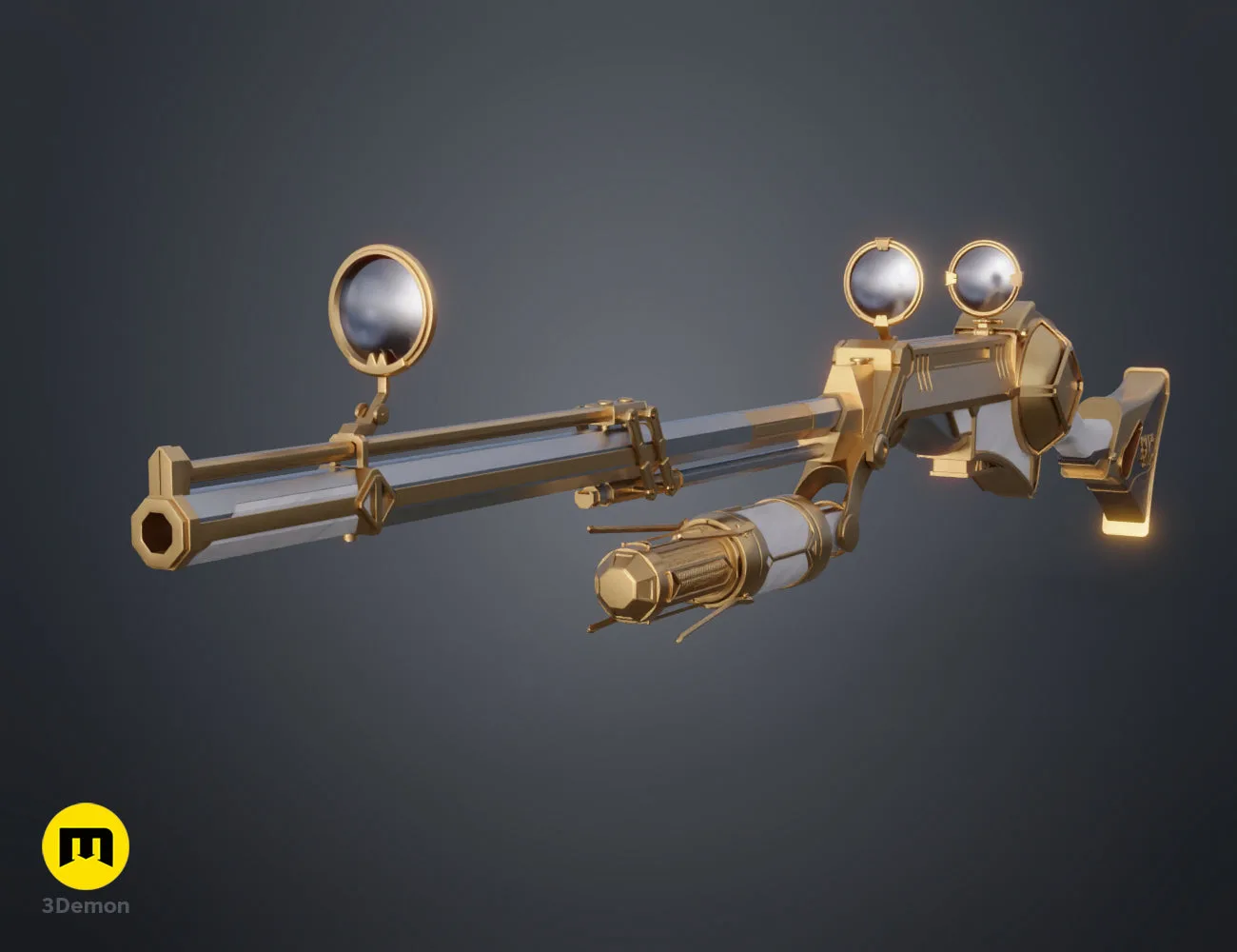 Detailed 3D print render of hextech rifle mechanical iris-core chamber area Arcane cosplay STL