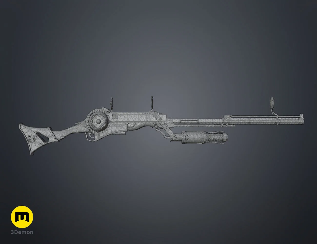 Wireframe mesh render of Arcane hextech rifle mechanical chamber showing polygon detail STL