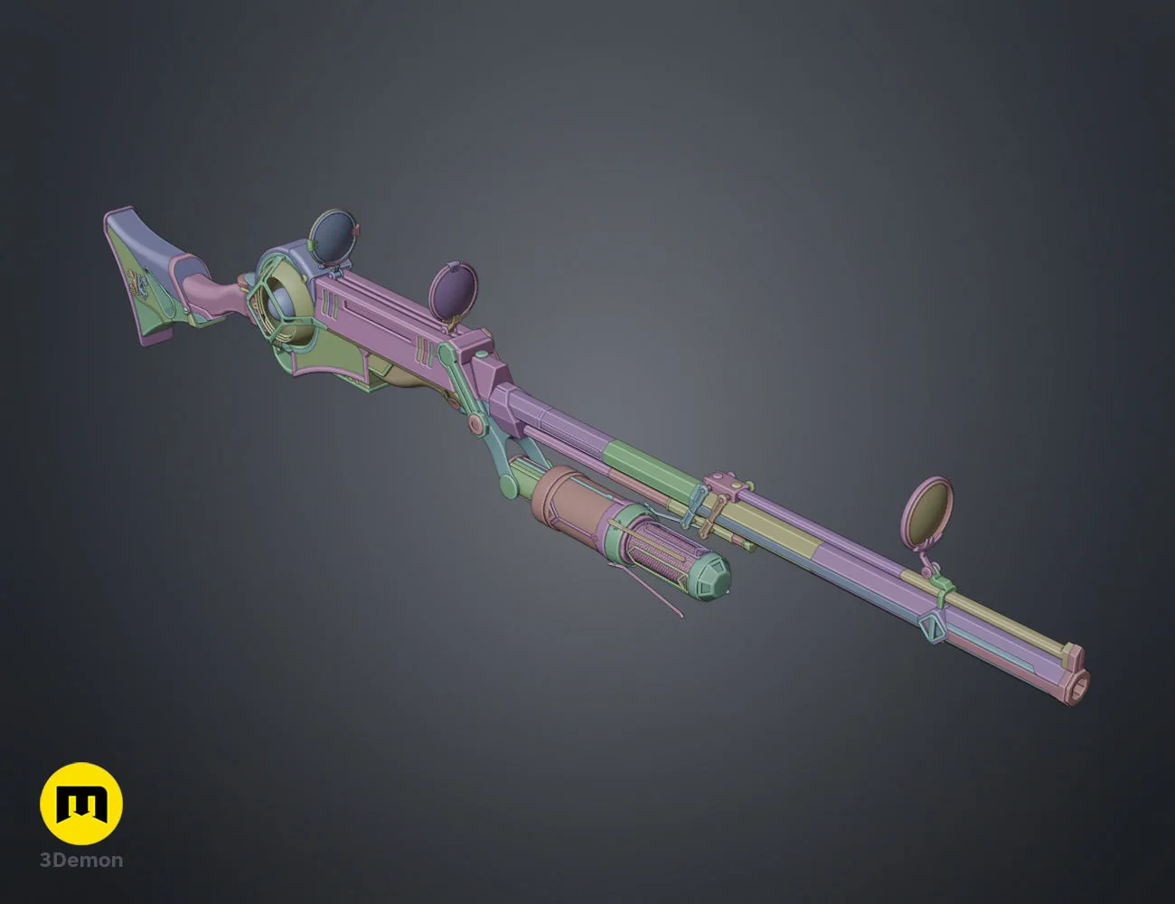Slicer layout of hextech rifle stock and trigger area 3D printable STL parts for cosplay