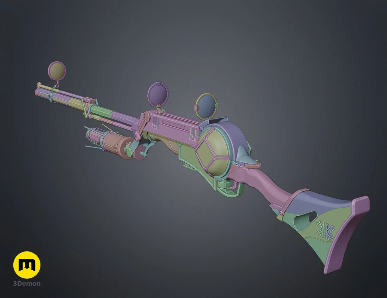 Slicer layout of hextech rifle body and barrel section 3D print STL parts for cosplay