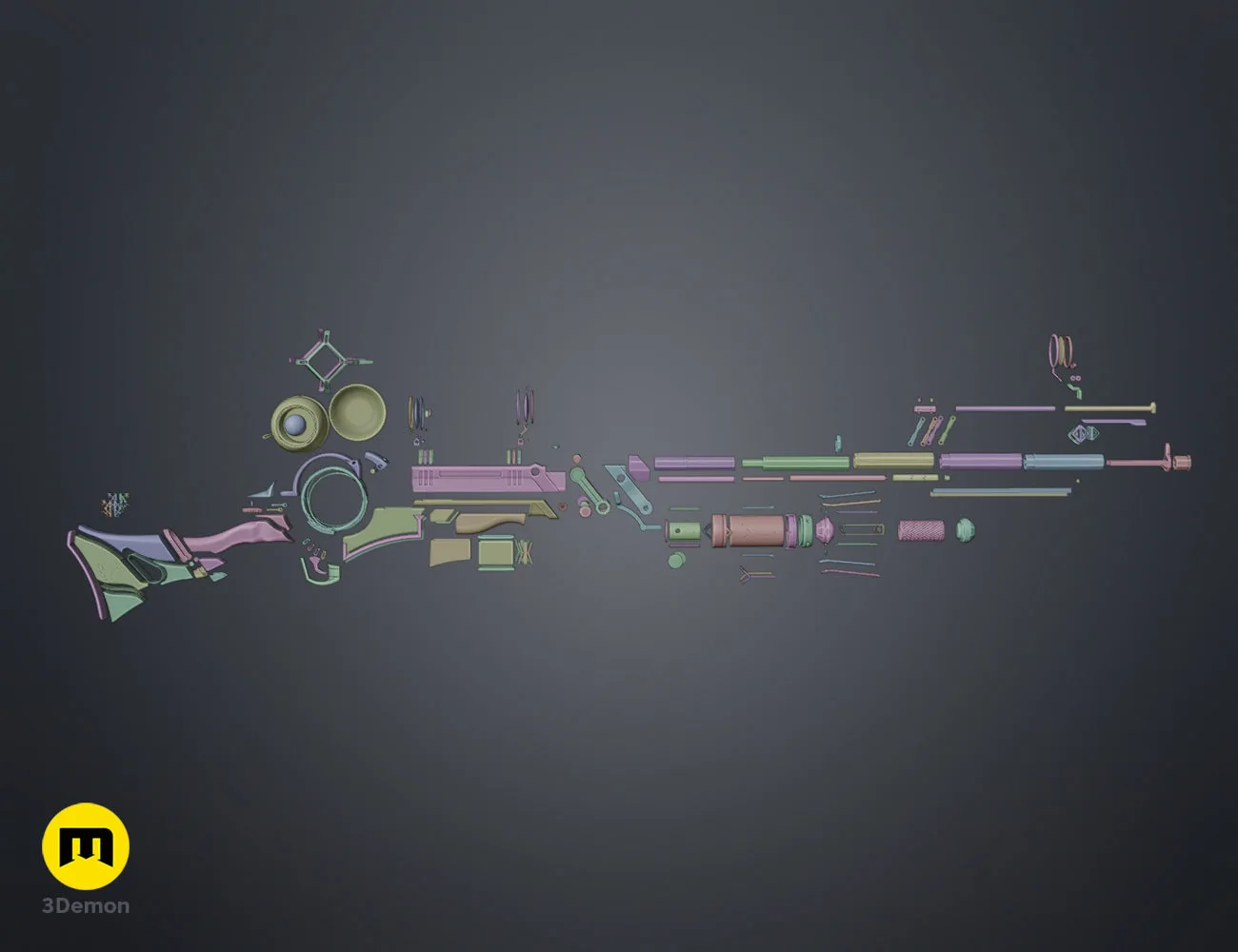 3D printable hextech rifle slicer render showing internal mechanical STL parts for cosplay