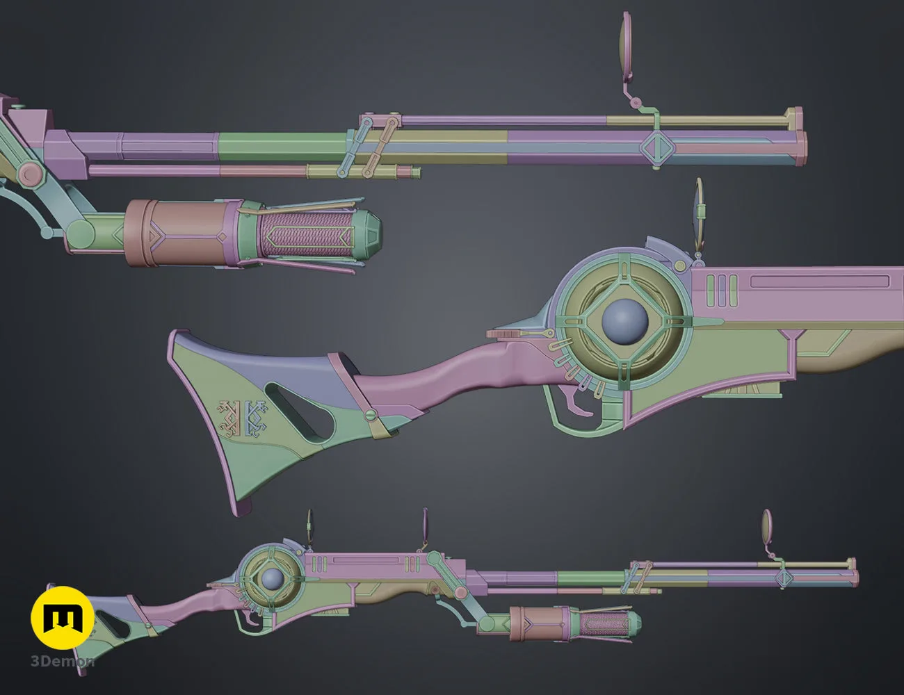 All 3D printed hextech rifle parts laid out before assembly Arcane cosplay STL files