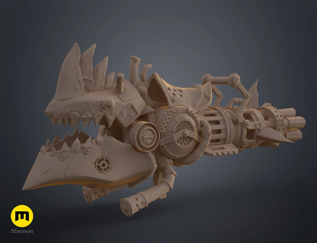 Detailed unpainted 3D print of cartoon rhino gun showing steampunk and mechanical features STL