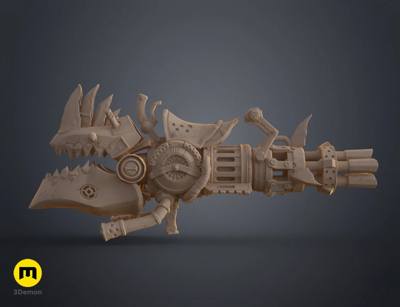 Side view of unpainted 3D printed rhino Gatling gun model highlighting the mechanical profile STL