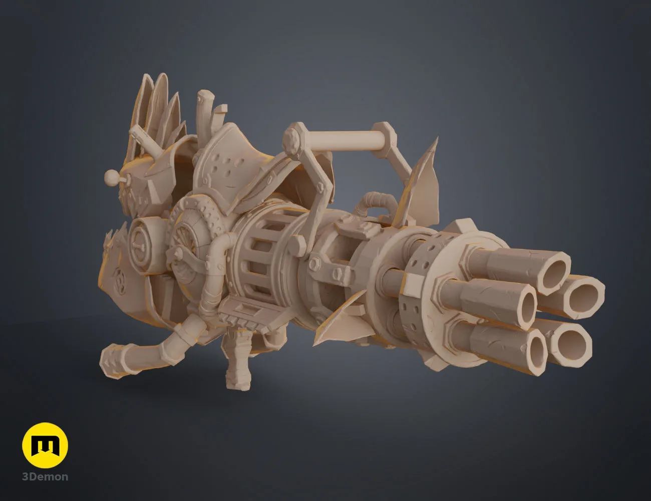 Perspective view of unpainted 3D printed steampunk rhino minigun showing its full scale STL prop