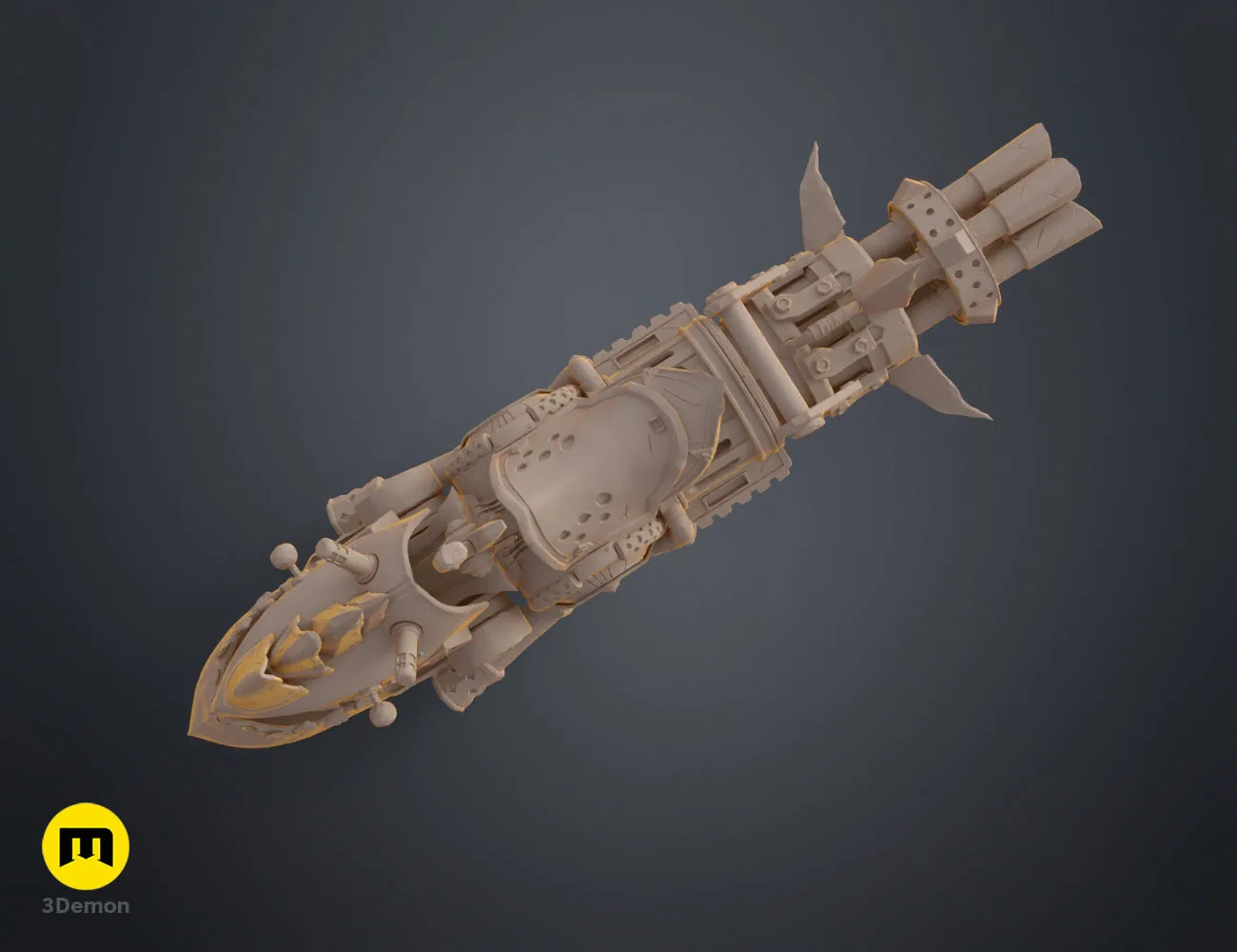 Top-down view of unpainted 3D printed rhino Gatling gun displaying intricate mechanical STL design
