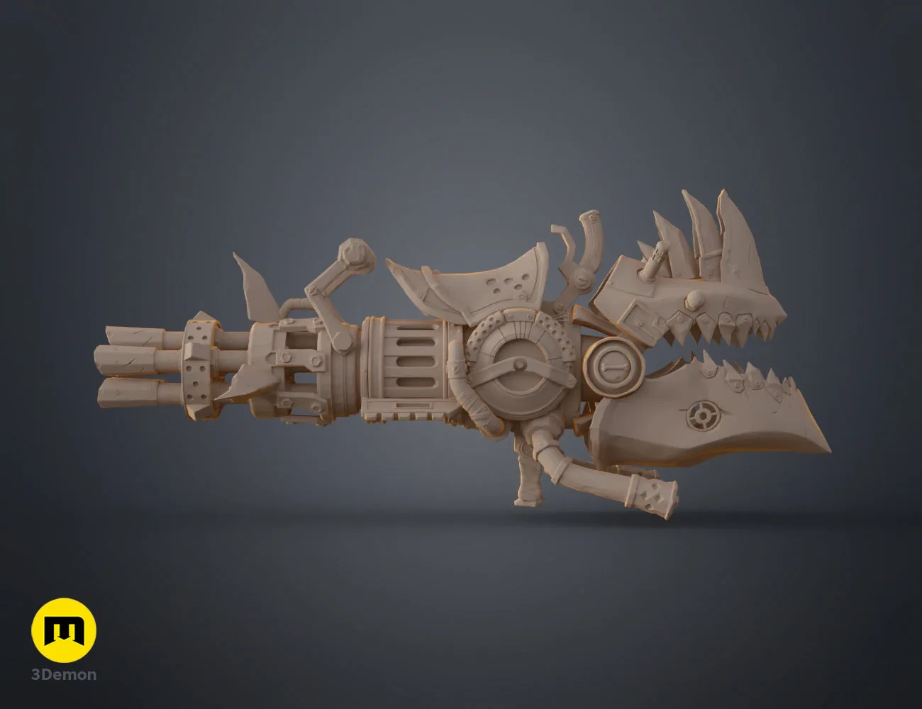 Unpainted 3D print of steampunk rhino gun showing high-quality surface detail of the STL model