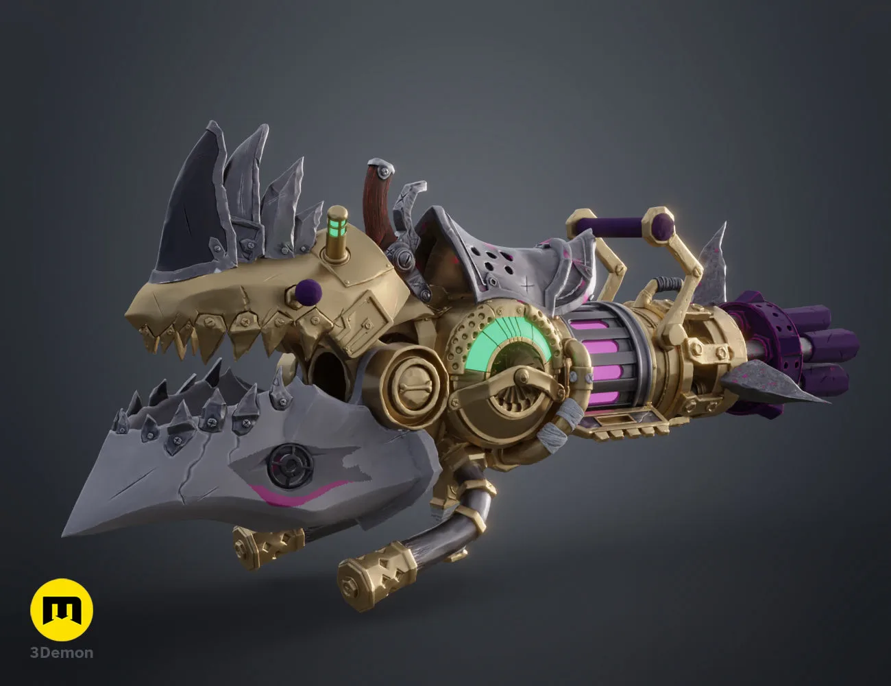 Close-up of cartoon rhino minigun 3D print with steampunk mechanical details blue and gold STL