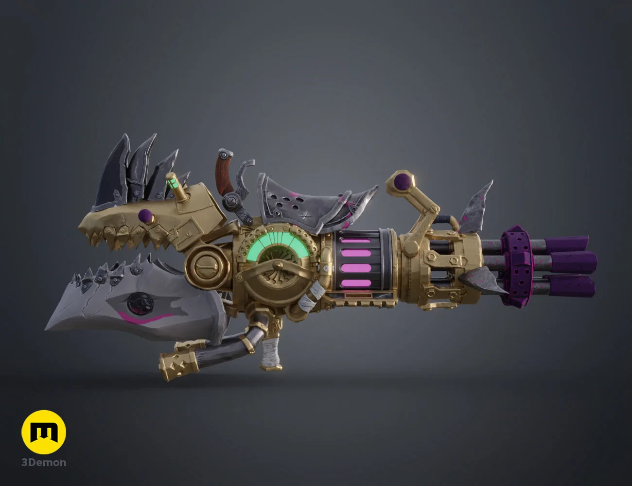 Steampunk Gatling gun with rhino-shaped head 3D printed cosplay prop in blue and gold STL