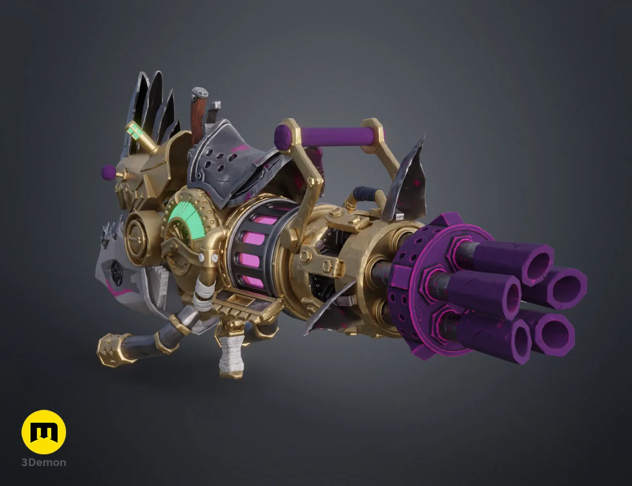 Rear view of 3D printed cartoon rhino Gatling gun with purple barrels and steampunk details STL