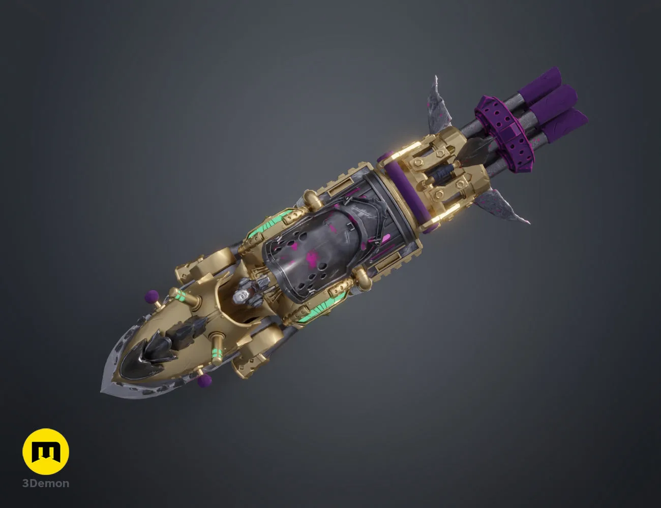 Top-down view of steampunk rhino-themed Gatling gun 3D print with golden mechanical assembly STL
