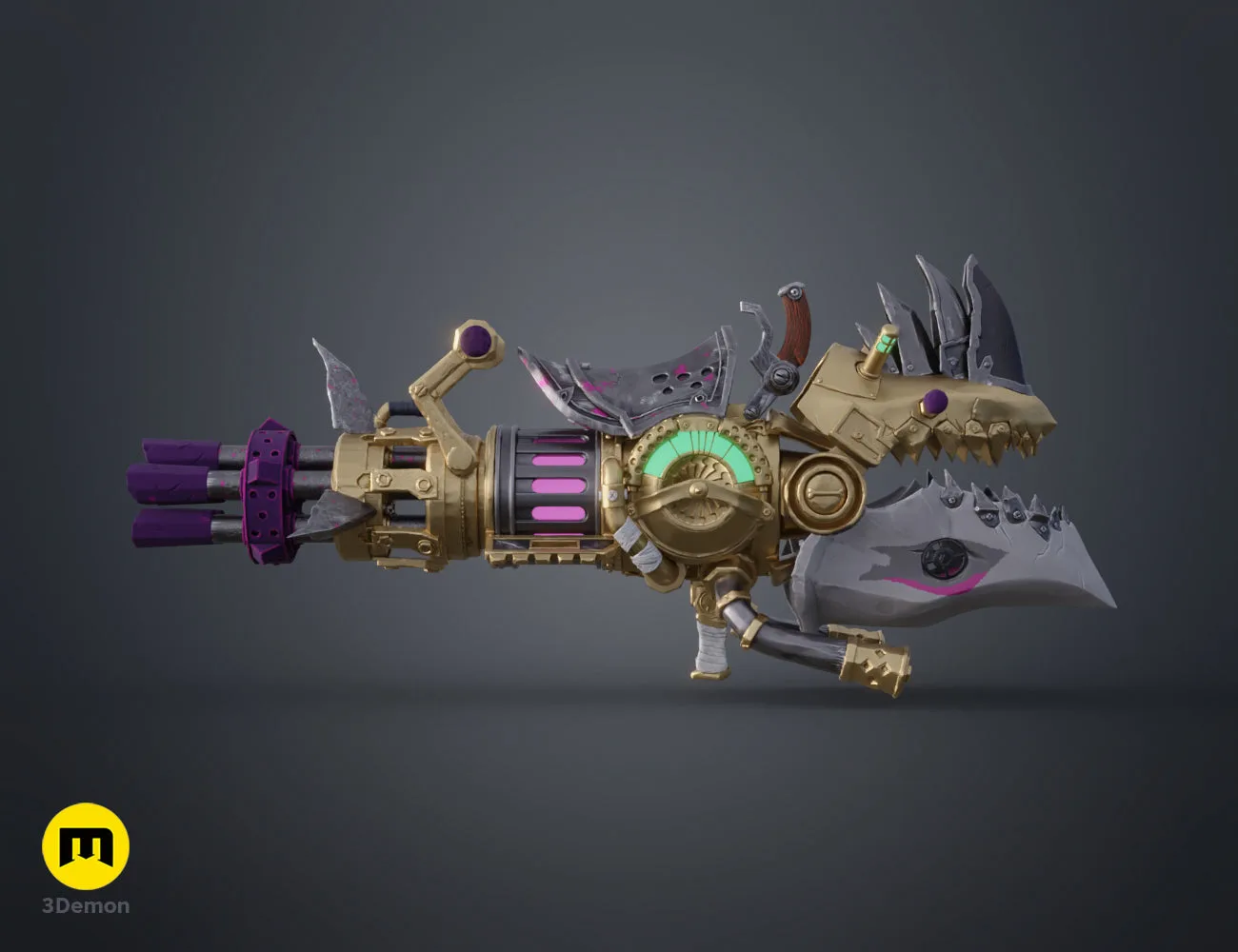 Side view 3D printed steampunk rhino gun showing rotating drum barrel and mechanical parts STL