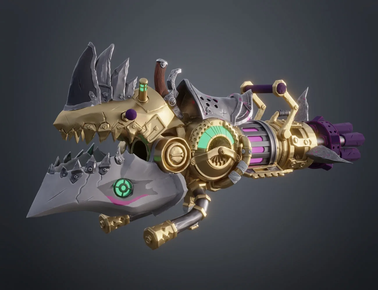 Colorful steampunk Gatling gun with rhino head design 3D printed and painted cosplay STL model