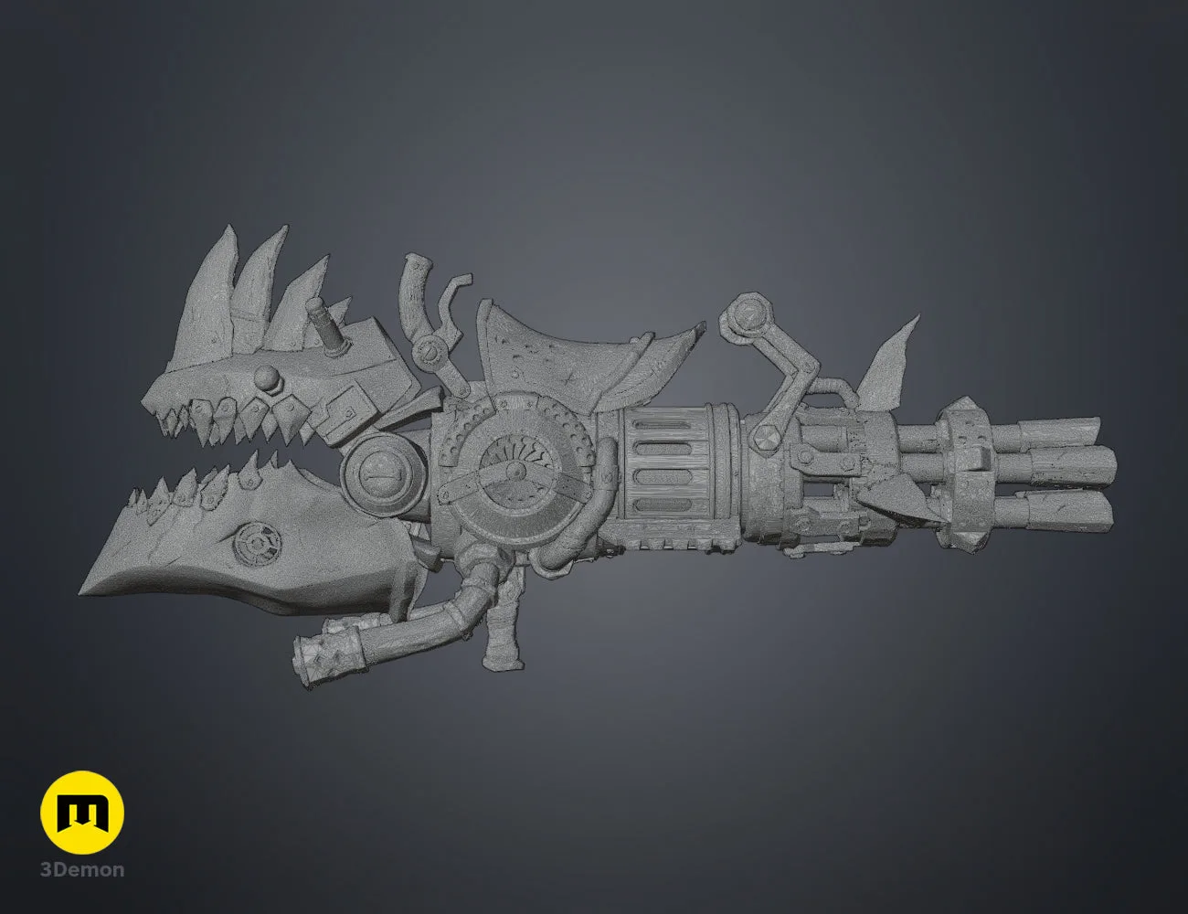 Full wireframe mesh of steampunk rhino Gatling gun 3D print STL showing complete polygon topology