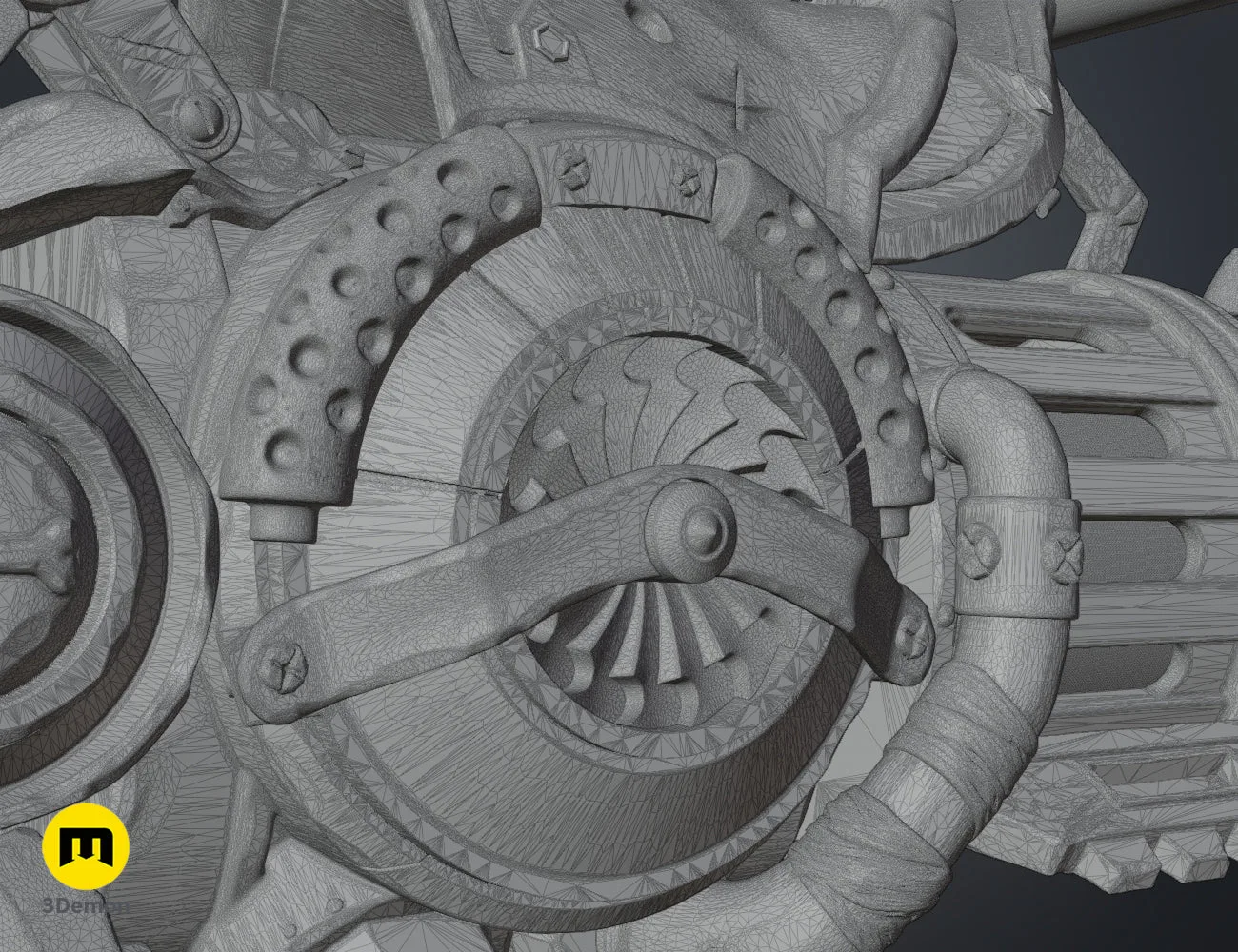 Detailed wireframe mesh of gear and axle mechanism on steampunk rhino gun 3D print STL model
