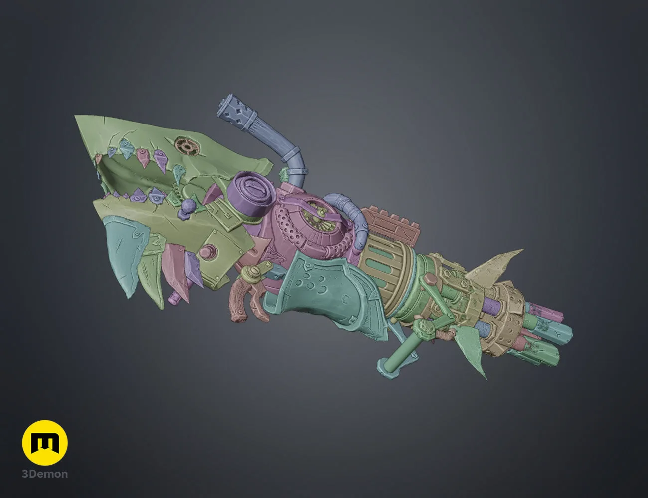 3D model assembly view of cartoon-style rhino minigun showing mechanical connections for STL print