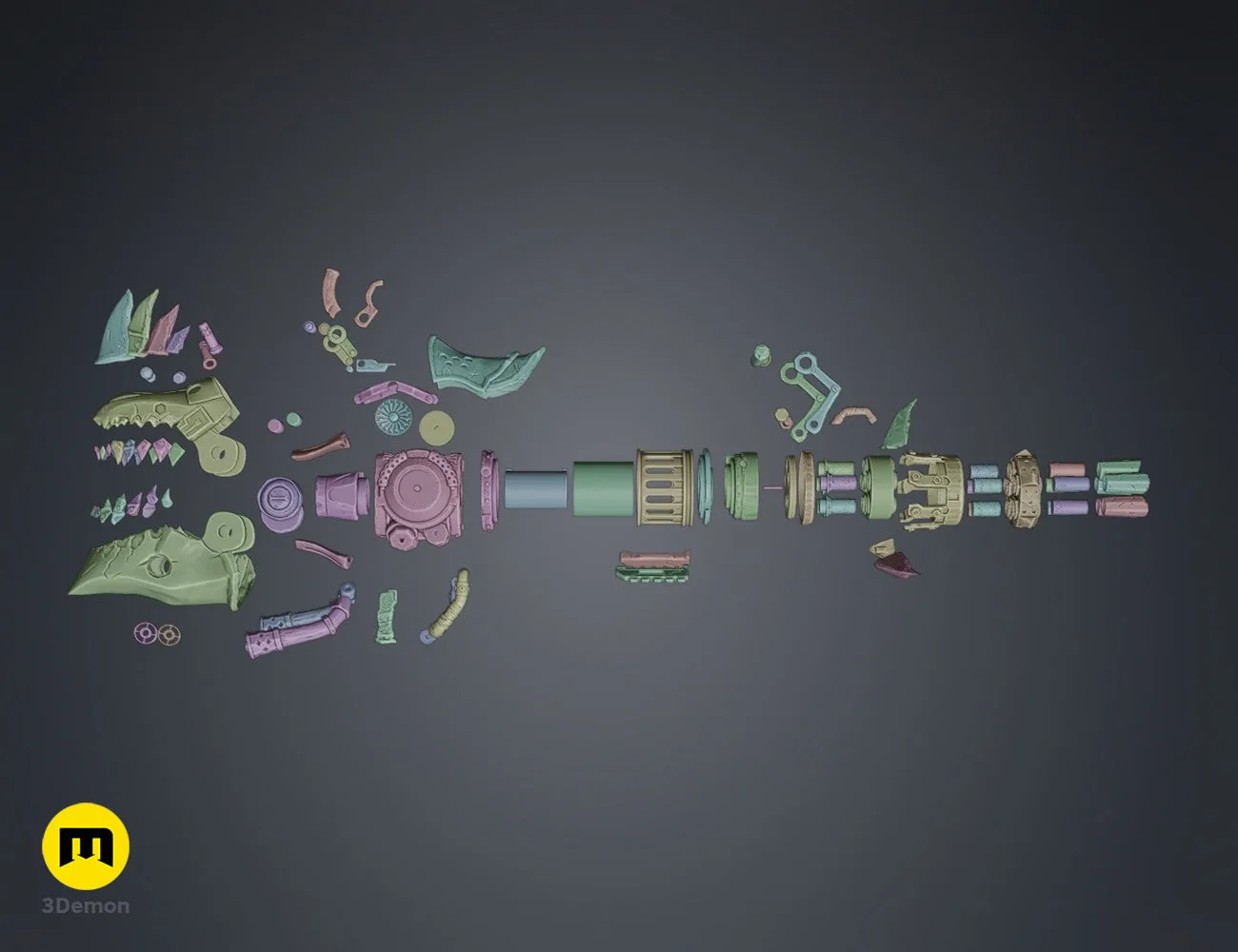 Exploded view of 3D printable parts for steampunk rhino Gatling gun model organized for assembly STL