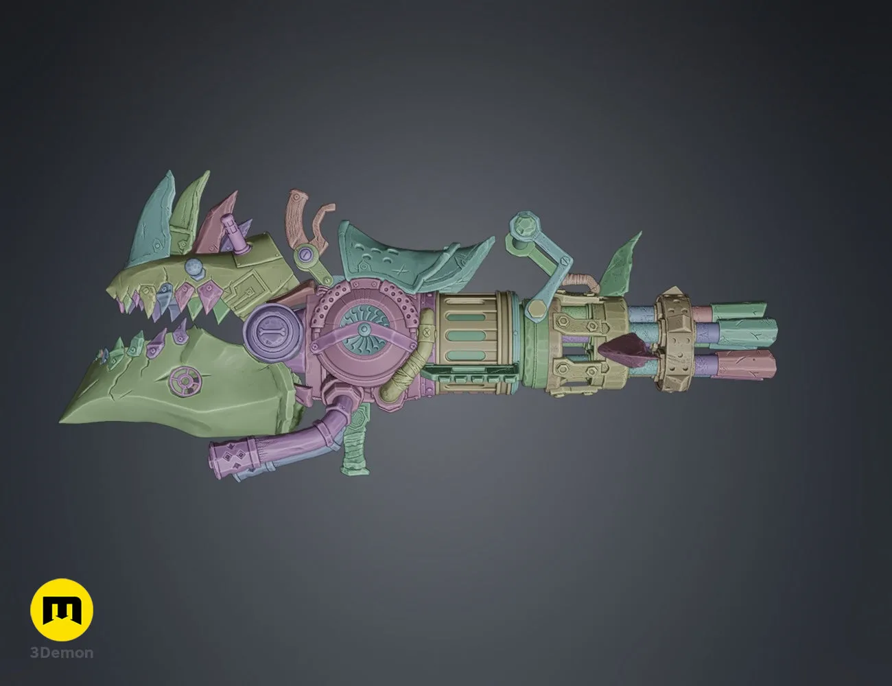 Assembly guide for steampunk rhino minigun 3D print showing color-coded STL parts for cosplay