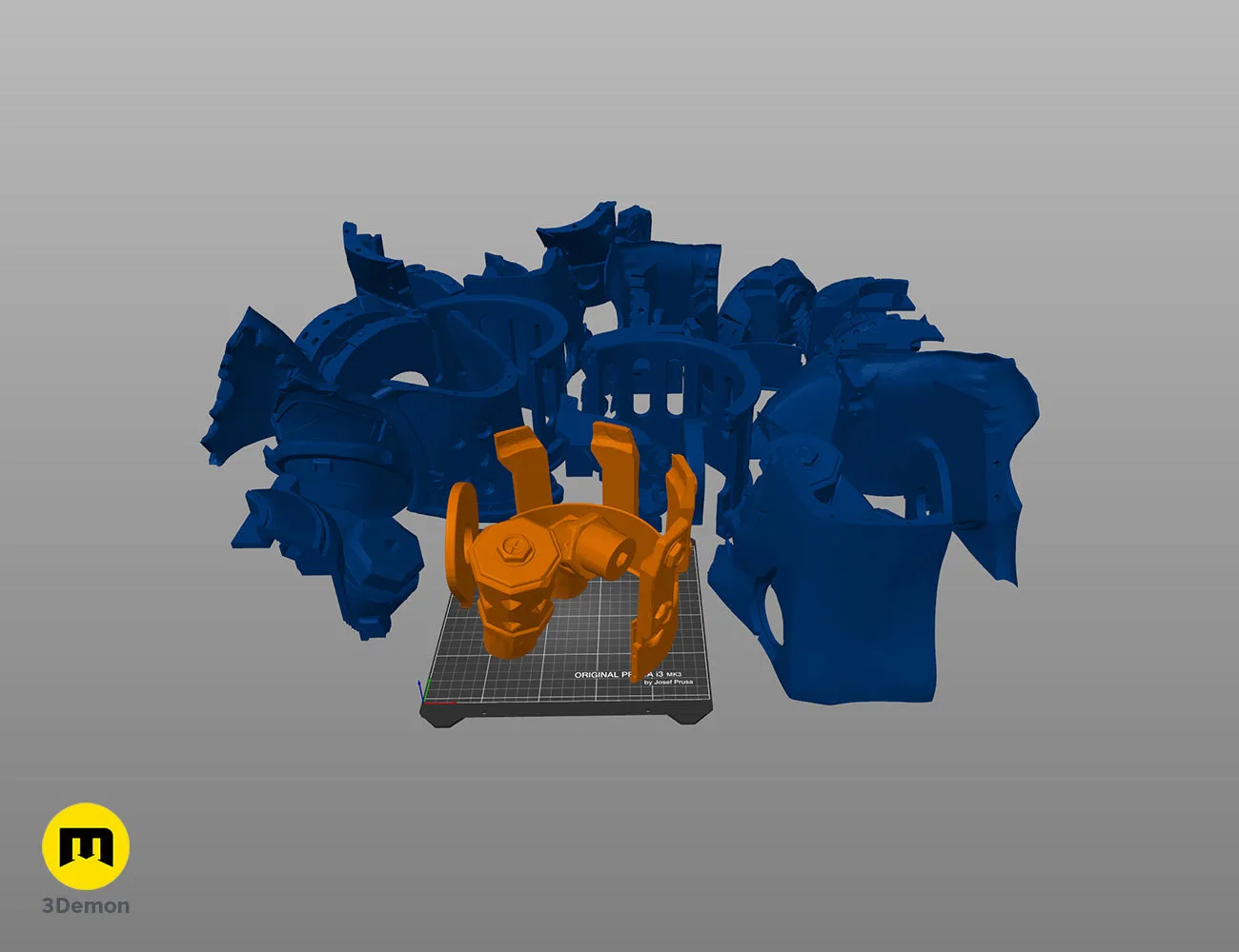 Slicer software showing 3D printable rhino gun STL parts on Prusa printer build plate
