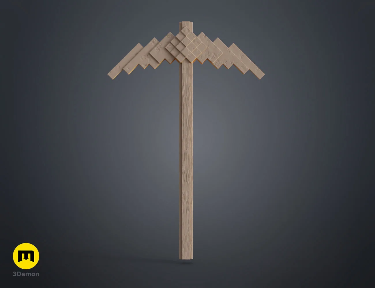 3D digital model of the Minecraft Movie Pickaxe prop with wood-grain and metallic finish