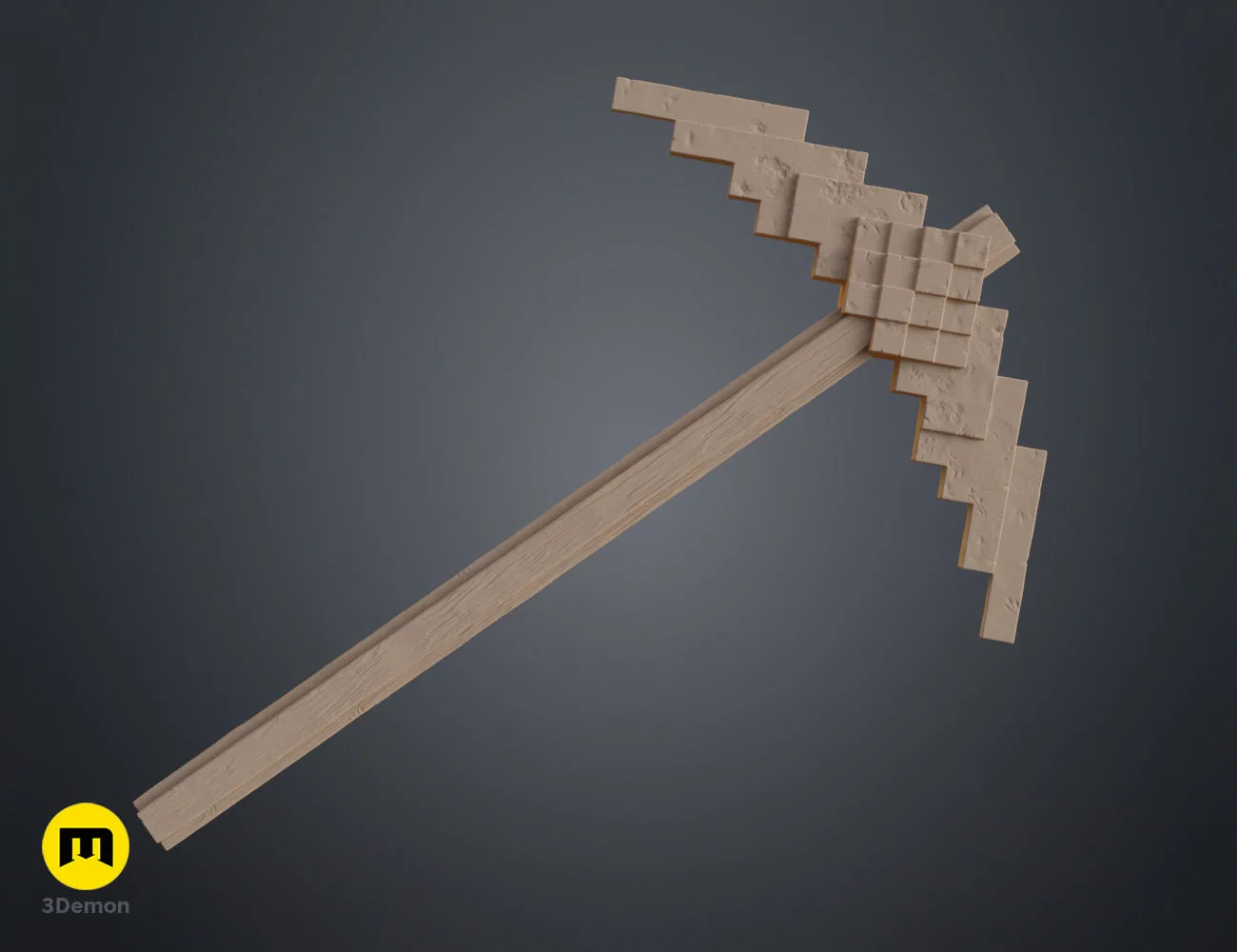 Minecraft Movie Pickaxe 3D render with wooden handle texture and gold-colored head